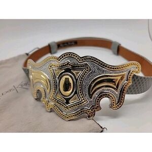 Vtg ALEXIS KIRK Belt Gold SilverTone Buckle Gray Reptile Leather 80s Rare Signed